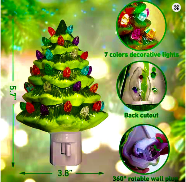 Ceramic Christmas Tree Night Light, Direct Plug, Plugin, Children's Room, Multicolor Bulbs and 360 Degree Rotating Plug with On/Off Switch (White)